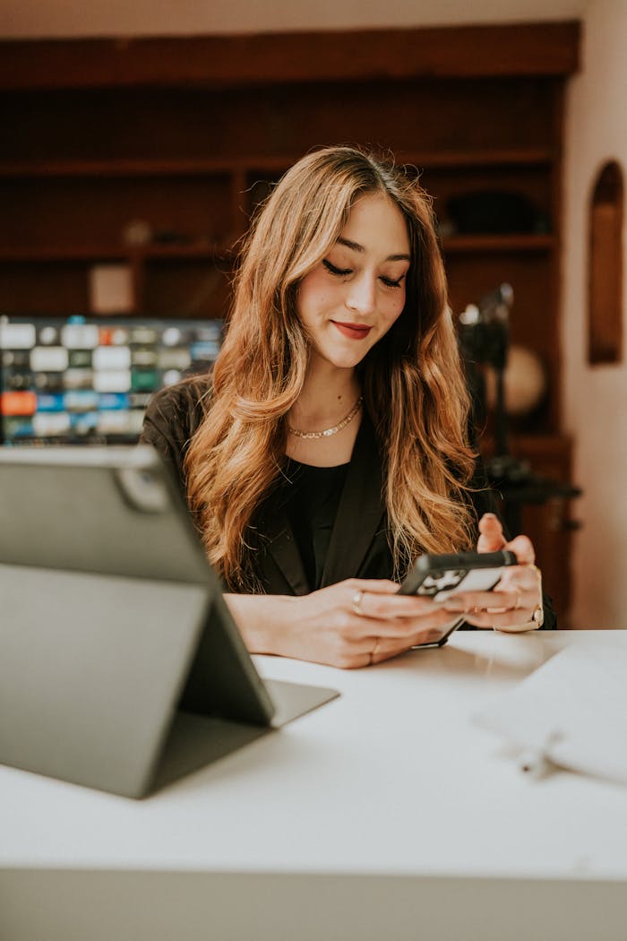Professional woman engaged with smartphone in a modern, relaxed office environment.
