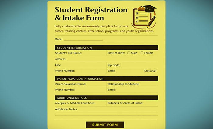 Student Registration & Intake Form Template | Tutors, Training Centres & Youth Programmes